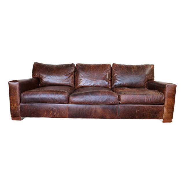 Restoration Hardware Brown Leather Three-Seat Sofa With Patina For Sale