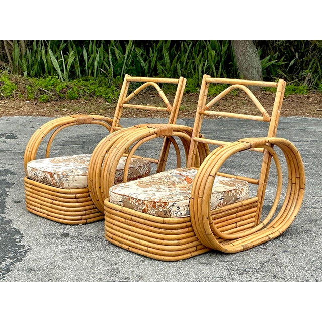 Coastal Vintage Coastal Bent Rattan Circle Lounge Chairs - A Pair For Sale - Image 3 of 12