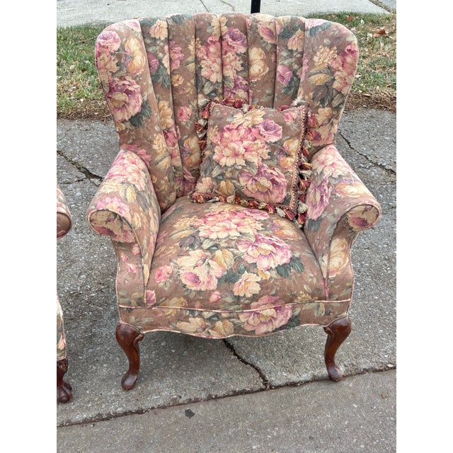 Mid 20th Century Mid 20th Century French Style Channel Back Upholstered Wing Chairs - A Pair For Sale - Image 5 of 12