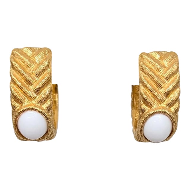 Vintage 1980s Signed Givenchy Goldtone Striped White Cabochon Half Hoop Clip Earrings-2 Pieces For Sale