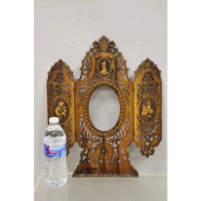 Antique 19th C Italian Sorrento Folding Marquetry Inlay Small Picture Frame Wall Hanging Travel Mirror Frame. Item...