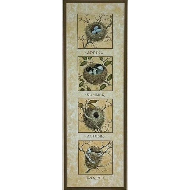 Gold Vintage Nancy J Shumaker Pallan Bird Beginnings Seasonal Framed Prints Pair For Sale - Image 8 of 11