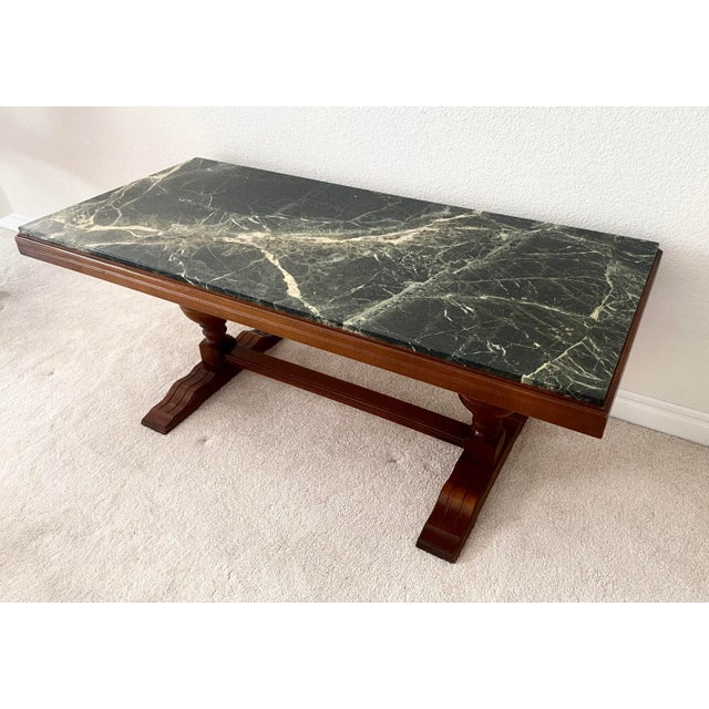Wood Mid 20th Century Unique Marble and Wood French Inspired Trestle Console/Libaray/Coffee/Cocktail/Display Table Great Vintage Condition For Sale - Image 7 of 11