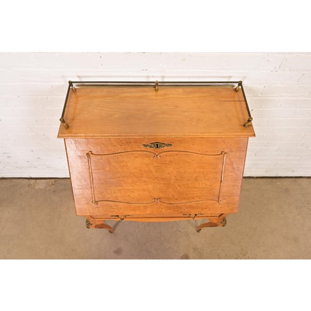 Baker Furniture Style Antique French Provincial Louis XV Birdseye Maple Drop Front Secretary Desk With Mounted Brass Ormolu, Circa 1890s For Sale - Image 14 of 18