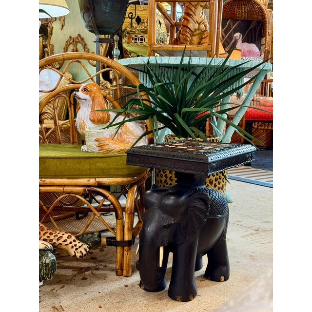 Mid-20th Century Hand-Carved Elephant Side Table With Bone Inlay Top For Sale - Image 12 of 12