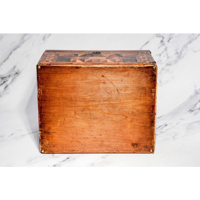 Impressive Large Inlaid Wood Pattern Antique Victorian 19th Century Box With Key Home Decor For Sale - Image 14 of 15