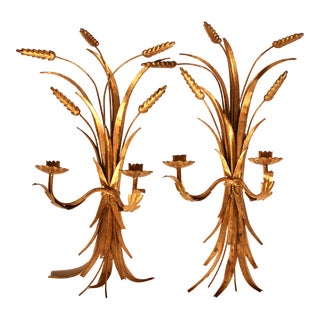 1950s Italian Golden Gilt Wheat Wall Candle Sconces - a Pair For Sale