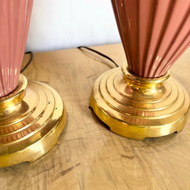 Metal Postmodern Pink Glass Swirl and Gold Table Lamps - A Pair For Sale - Image 7 of 9