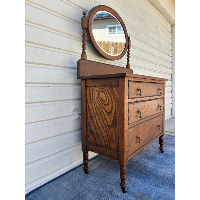Wood Antique Oak Barley Twist Vanity / 3-Drawer Dresser on Casters With Beveled Swivel Mirror For Sale - Image 7 of 9