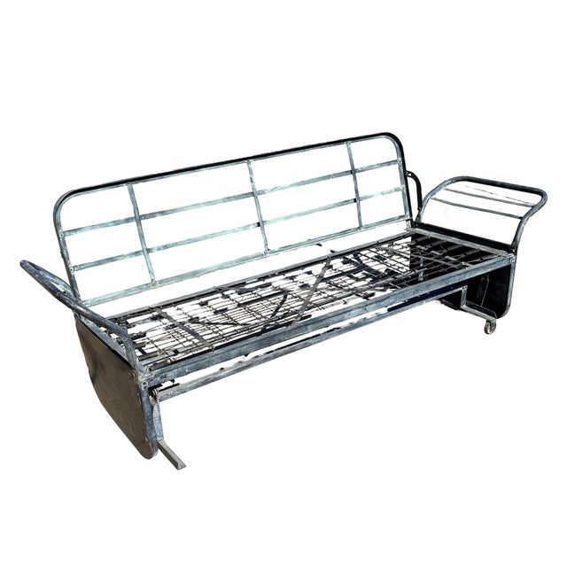 Post-war outdoor patio aluminum and Steel Slider Settee with double poles armrest. This Mid-century patio/outdoor settee...