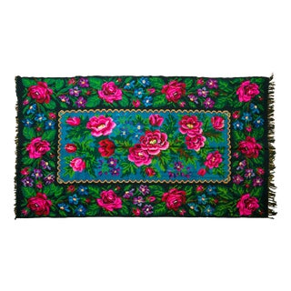 Vintage Romanian Handwoven Wool Rug with Floral Folk Pattern and Fringe, 1960s For Sale
