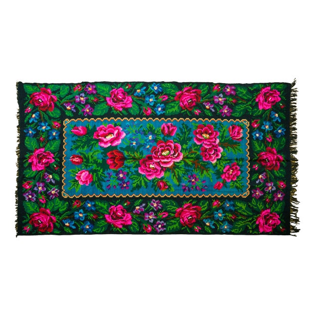 Vintage Romanian Handwoven Wool Rug with Floral Folk Pattern and Fringe, 1960s For Sale