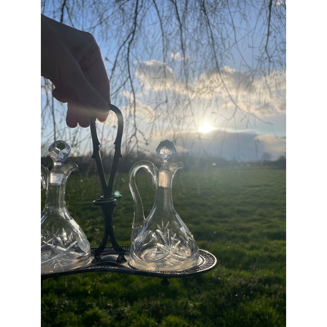 Victorian Antique Cut Crystal Oil & Vinegar Cruet Set With Silver-Plated Stand For Sale - Image 3 of 5