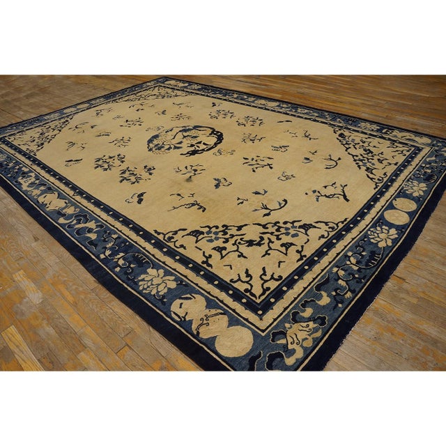 Late 19th Century 1890s Beige Field Blue Floral Spray Central Medallion Antique Chinese Peking Rug For Sale - Image 5 of 11