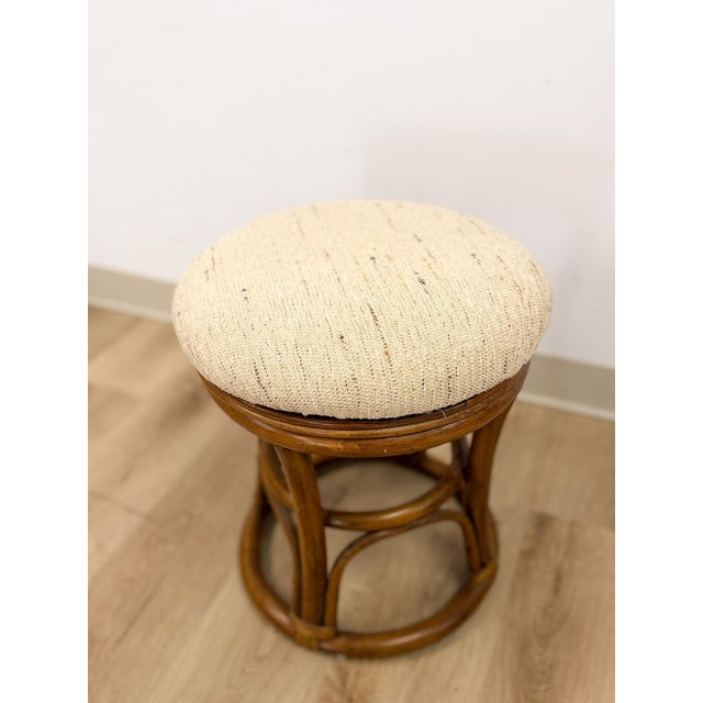 Vintage Rattan Swivel Stool Beige Upholstered Coastal Boho Ottoman For Sale - Image 4 of 7