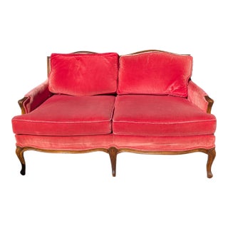 Antique Louis XV Style Settee Sofa in Salmon Velvet For Sale