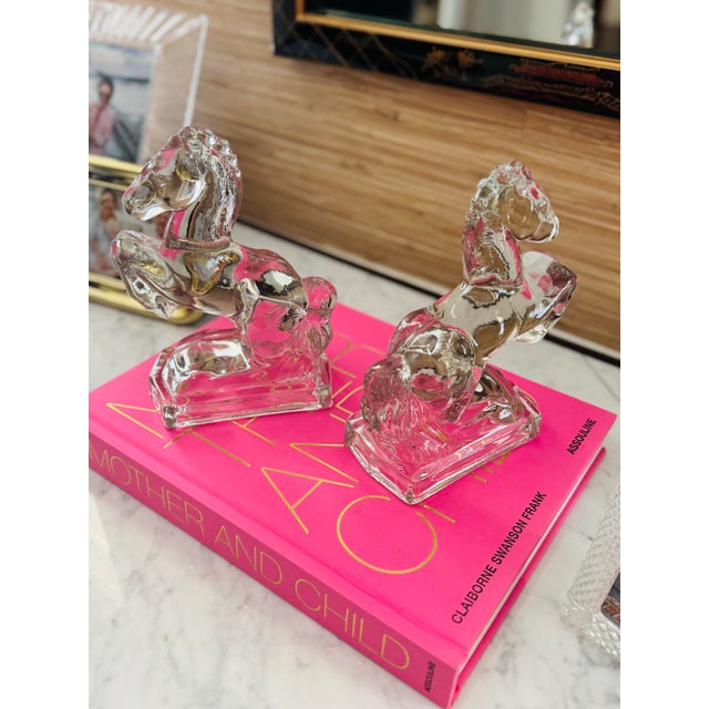 Vintage Mid Century Heavy Pressed Glass Horse Bookends by Le Smith- Pair of Horse Bookends For Sale - Image 6 of 8
