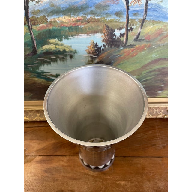 Vintage Towle Silversmiths Modernist Metal Vase With Black and Mother-of-Pearl Geometric Inlay For Sale In Seattle - Image 6 of 9