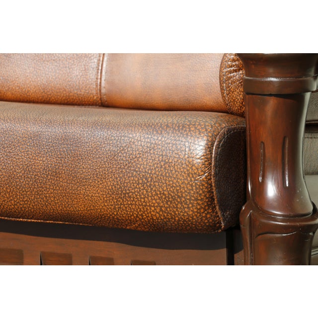 Vintage 1970s Brown Leather Sofa With Sculptural Wood Frame, Attached Cushions & Postmodern Modernist Design For Sale - Image 9 of 18