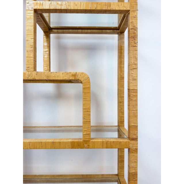 Coastal Etagere Rattan Wrapped Milo Baughman Style Five Tier Glass Shelf MCM For Sale - Image 13 of 15