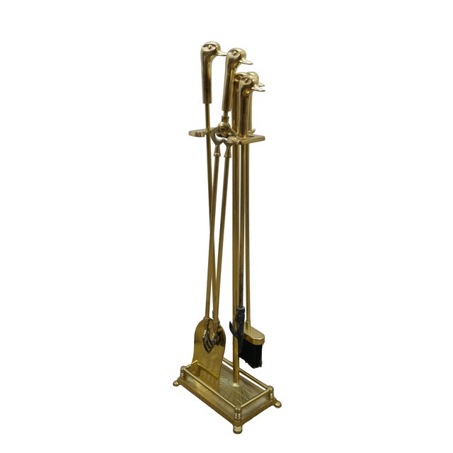 Vintage brass duck head hunt theme fireplace hearthware tools. Set includes brush, shovel, poker, tongs and stand....