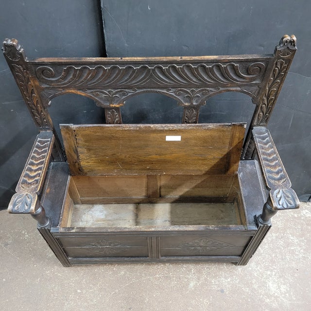 English Antique Oak Carved Bench/Settle With Storage Base For Sale In Atlanta - Image 6 of 18