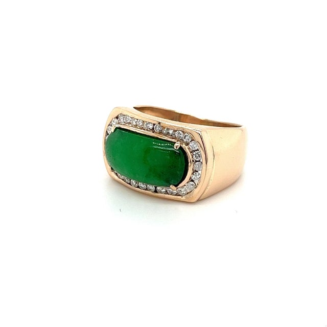 Contemporary Vintage 18K Gold Horizontally Set Wide Jadeite Jade and Channel Set Diamond Halo, Size 7 For Sale - Image 3 of 5