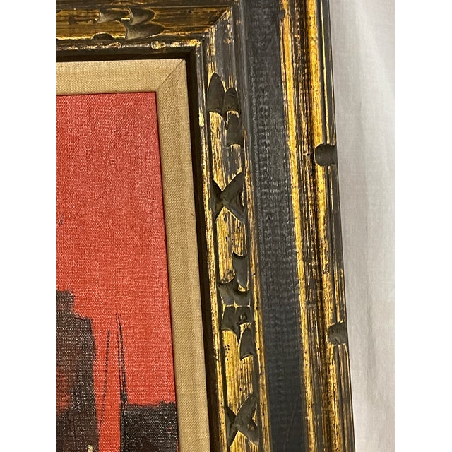 Burnt Orange Mexican Mid Century Modern Oil Painting City Bay at Sunset Signed, Framed For Sale - Image 8 of 12