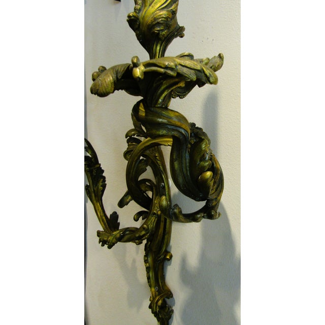 Antique Pair French 19th Century Louis XV Gilt Bronze Two Light Wall Sconces For Sale - Image 15 of 18