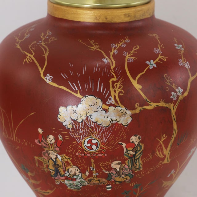 Pair of Vintage Hand Painted Chinoiserie Red Ginger Jar Table Lamps With Figural Narrative For Sale - Image 11 of 13