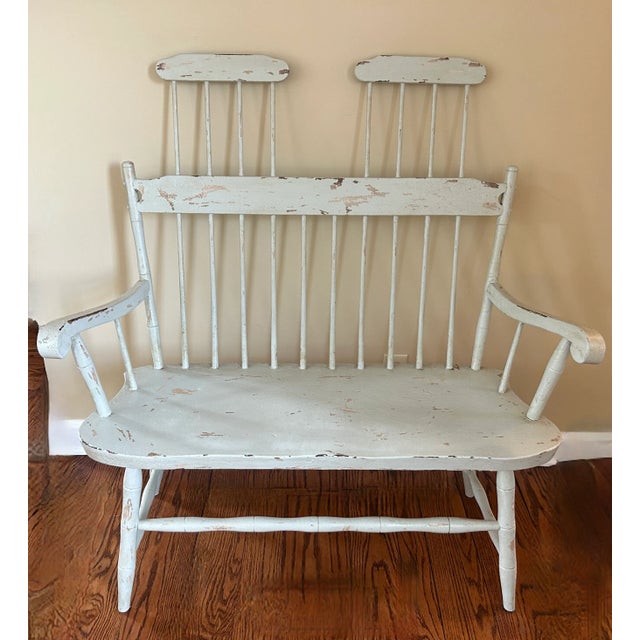 1990s French Country Distressed Toile High Back Bench For Sale - Image 5 of 9