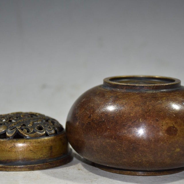 Metal Vintage Bronze Incense Burner With Pierced Dragon Lid - Asian Censer For Sale - Image 7 of 9
