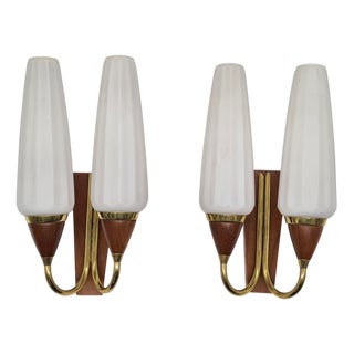 Wall Lamps in Teak, Brass and White Glass, Germany, 1960s, Set of 2 For Sale