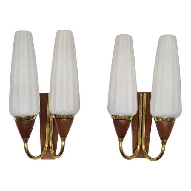 Wall Lamps in Teak, Brass and White Glass, Germany, 1960s, Set of 2 For Sale