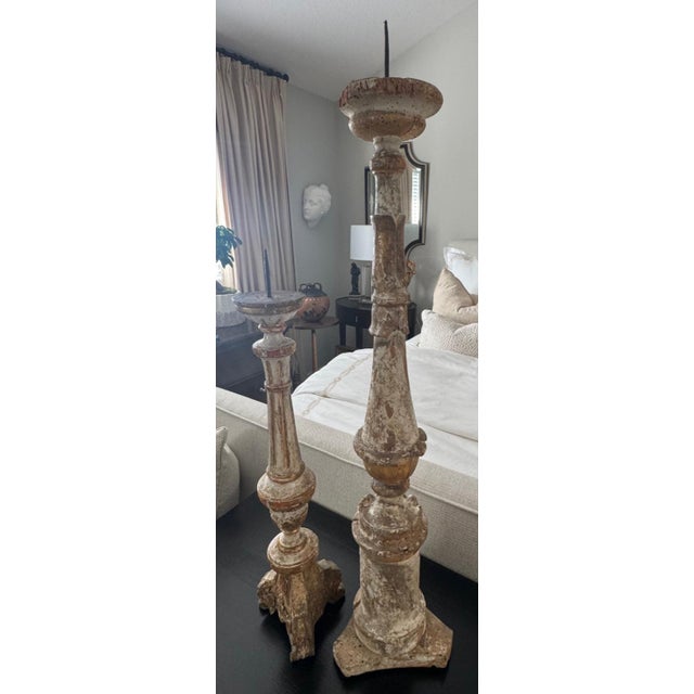 Pair of Antique Italian Painted Wood Candlesticks With Aged Patina For Sale - Image 4 of 15