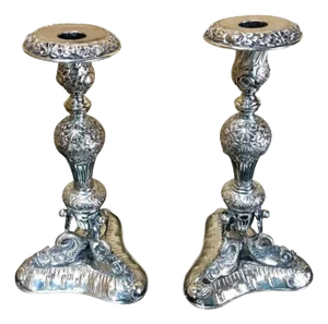 Antique Sheffield Plate Neoclassical Dolphin Motif Candlesticks - a Pair