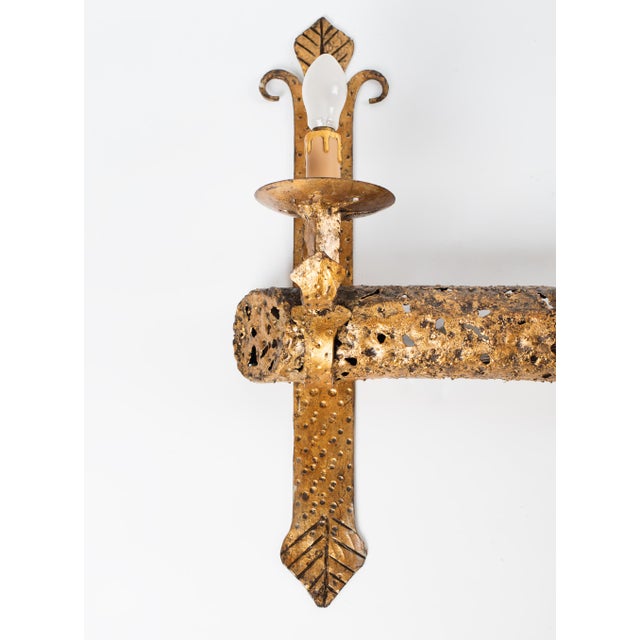Metal 1960s Mid-Century Modern Spanish Brutalist Gilt Iron Wall Sconce, Pierced Torch Candle Light For Sale - Image 7 of 8