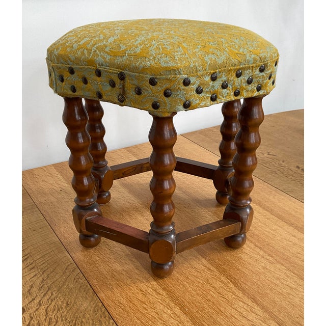 Vintage Mid-Century Oak Footstool With Geometric Needlepoint Tapestry For Sale - Image 4 of 9