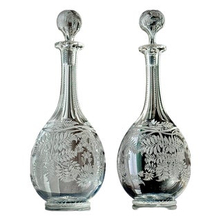 Victorian Stourbridge Fern Engraved Glass Decanters, 1880, Set of 2 For Sale