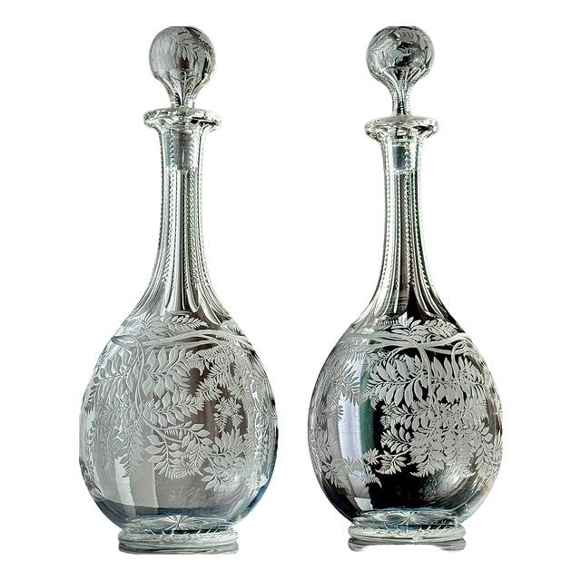 Victorian Stourbridge Fern Engraved Glass Decanters, 1880, Set of 2 For Sale