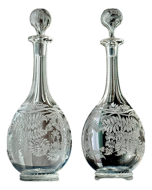 Victorian Stourbridge Fern Engraved Glass Decanters, 1880, Set of 2