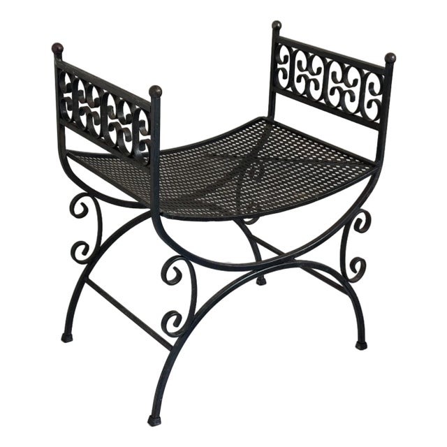 Vintage Spanish Revival Arthur Umanoff Granada Style Iron Garden Stool / Iron Vanity Seat For Sale