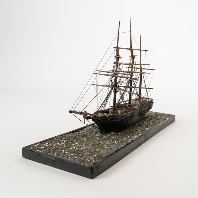 Brown Antique Three-Masted Schooner Ship Model in Glass Case For Sale - Image 8 of 18