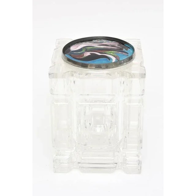 This fabulous vintage lucite and mixed media vessel or container box has a removable lucite lid with a spectacular signed...