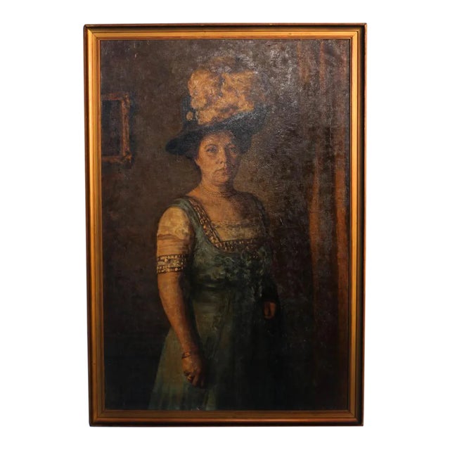 Early 20th Century Antique Original Oil on Canvas Portrait of Woman With Hat and Feather Painting For Sale