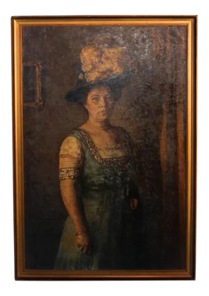 Early 20th Century Antique Original Oil on Canvas Portrait of Woman With Hat and Feather Painting