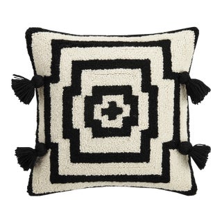 Hypnotic Black Pom Pom Hook Pillow, 16" x 16" For Sale