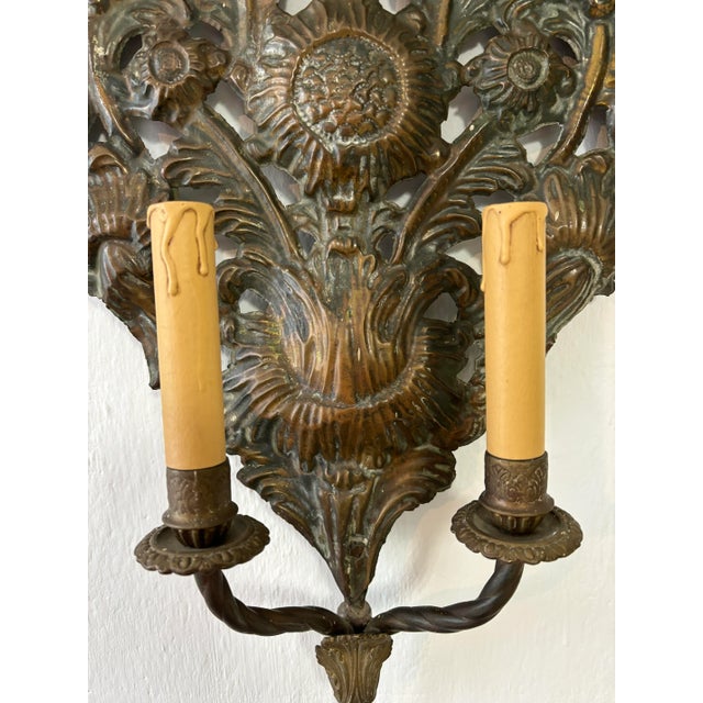 Big 18th Century Embossed Copper Floral "Palma" Church Sconces For Sale - Image 11 of 12