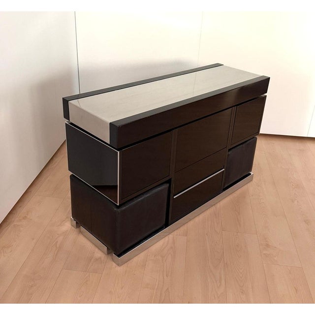 Mario Sabot Convertible Bar and Stools in Black Lacquer, Chrome & Leather, Italy, 1970s, Set of 3 For Sale - Image 4 of 18