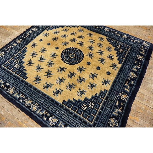 1920s Beige Medallion Floral Classical Greek Antique Chinese Baotou Square Rug For Sale - Image 4 of 11